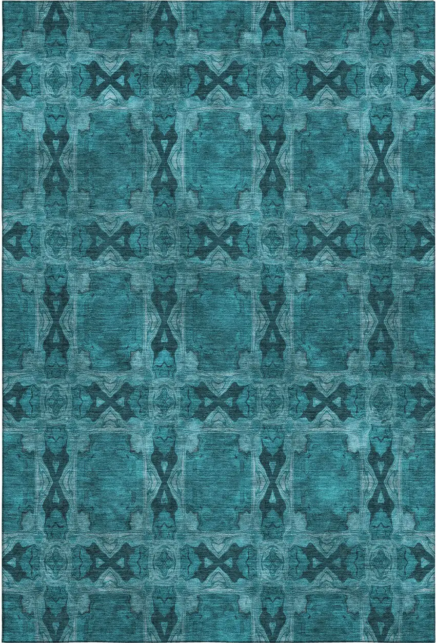 Teal And Gray Floral Medallion Washable Area Rug With UV Protection Photo 1