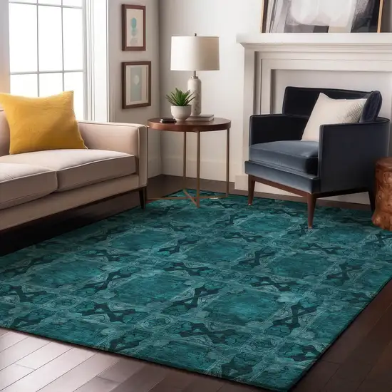 Teal And Gray Floral Medallion Washable Area Rug With UV Protection Photo 5