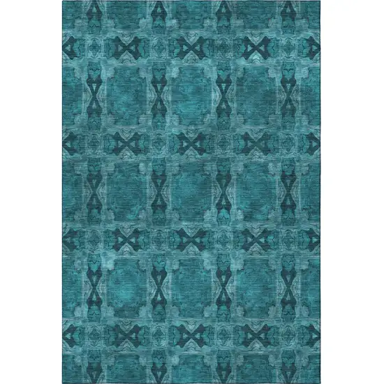 Teal And Gray Floral Medallion Washable Area Rug With UV Protection Photo 4
