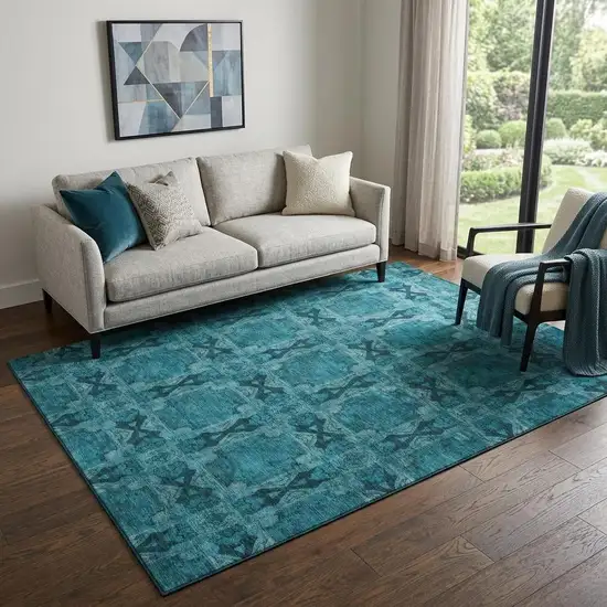Teal And Gray Floral Medallion Washable Area Rug With UV Protection Photo 1