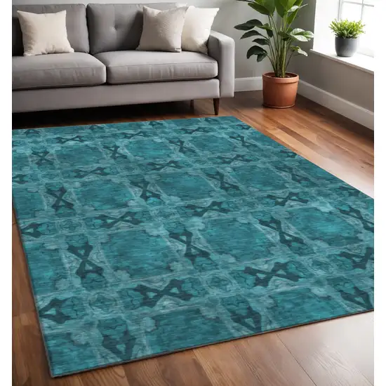 Teal And Gray Floral Medallion Washable Area Rug With UV Protection Photo 2