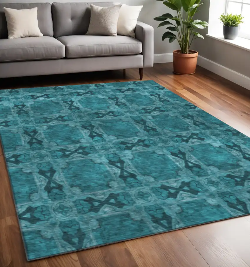 Teal And Gray Floral Medallion Washable Area Rug With UV Protection Photo 2