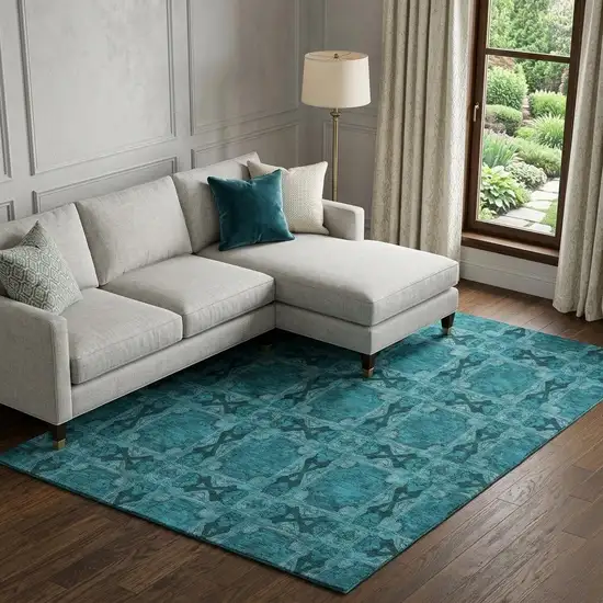 Teal And Gray Floral Medallion Washable Area Rug With UV Protection Photo 1
