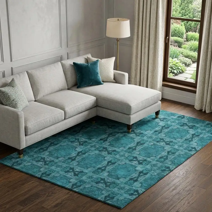 Teal And Gray Floral Medallion Washable Area Rug With UV Protection Photo 1