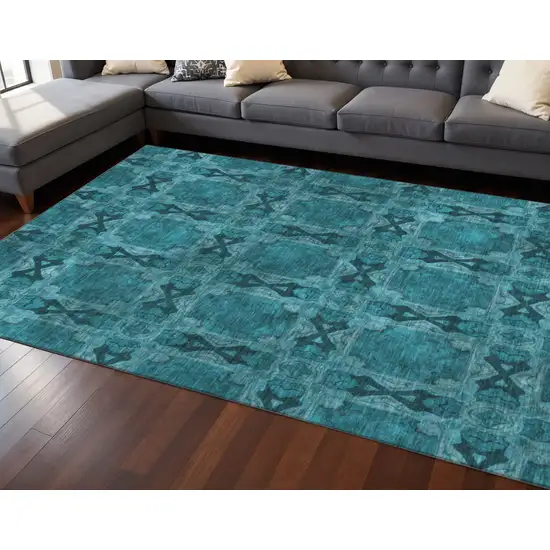 Teal And Gray Floral Medallion Washable Area Rug With UV Protection Photo 2