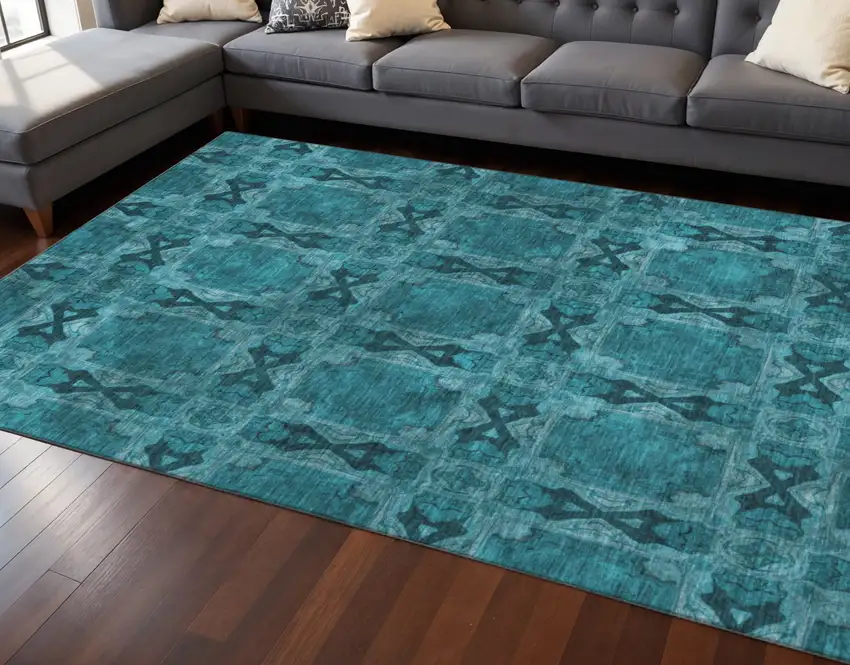 Teal And Gray Floral Medallion Washable Area Rug With UV Protection Photo 2