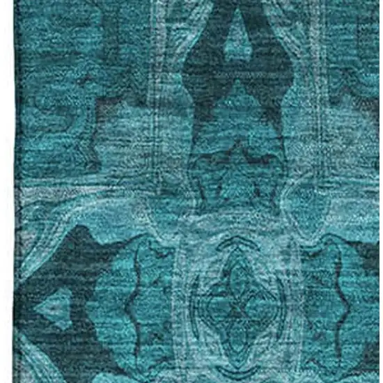 Teal And Gray Floral Medallion Washable Area Rug With UV Protection Photo 3