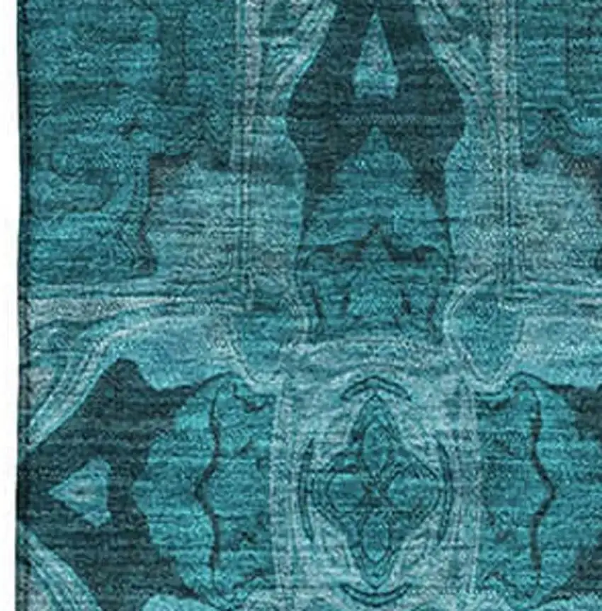 Teal And Gray Floral Medallion Washable Area Rug With UV Protection Photo 3