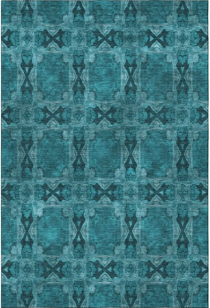 Teal And Gray Floral Medallion Washable Area Rug With UV Protection Photo 3