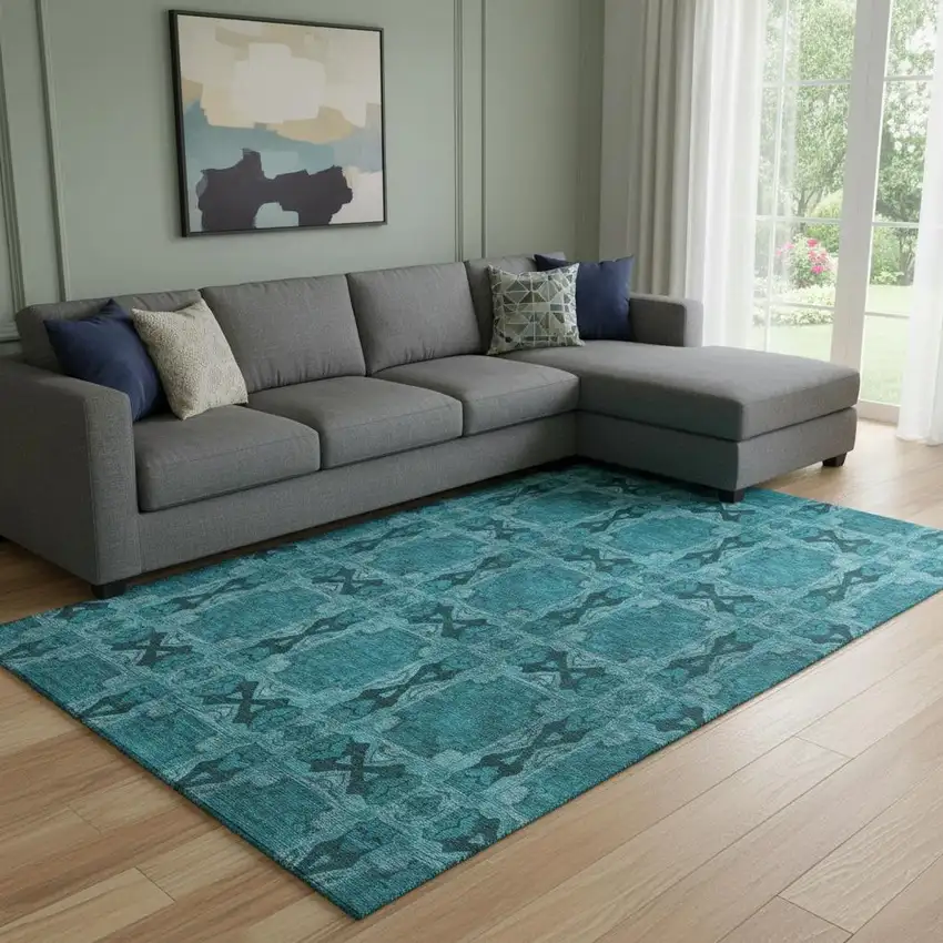 Teal And Gray Floral Medallion Washable Area Rug With UV Protection Photo 1