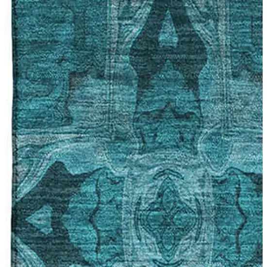 Teal And Gray Floral Medallion Washable Area Rug With UV Protection Photo 4