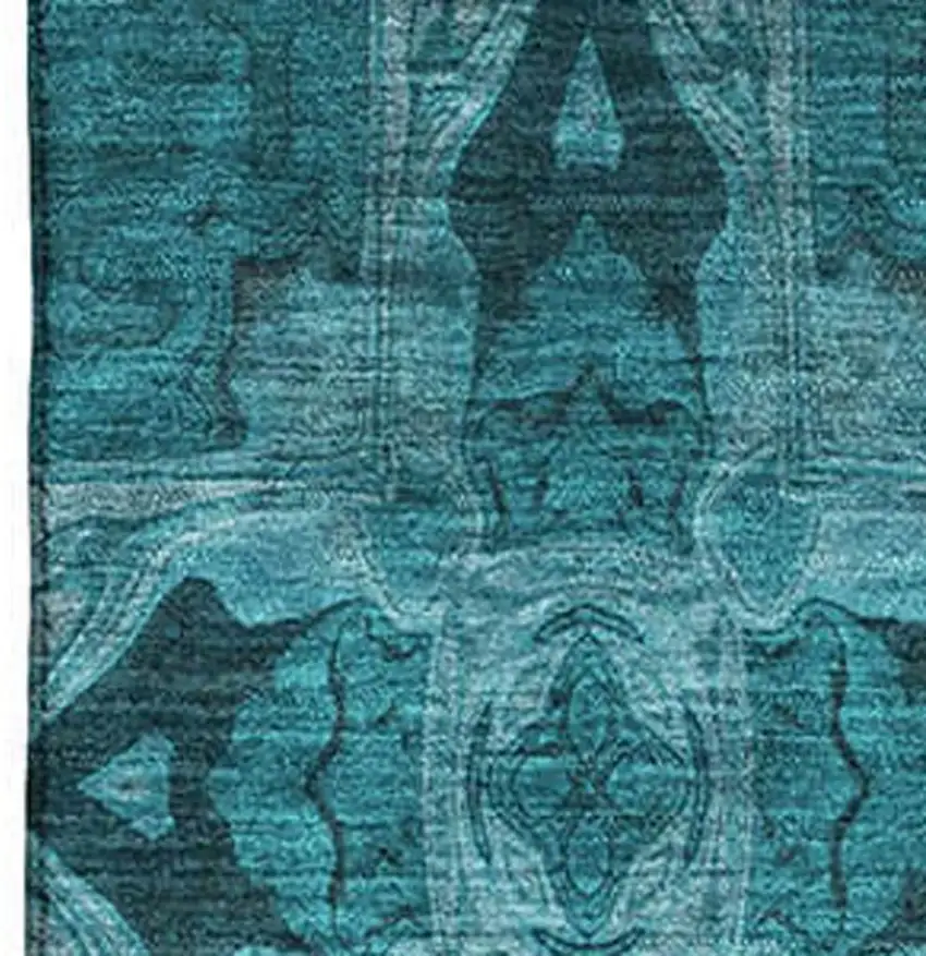 Teal And Gray Floral Medallion Washable Area Rug With UV Protection Photo 4