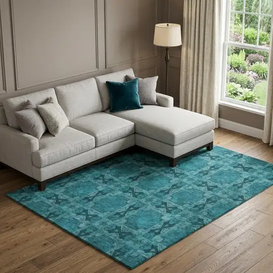 Teal And Gray Floral Medallion Washable Area Rug With UV Protection Photo 1