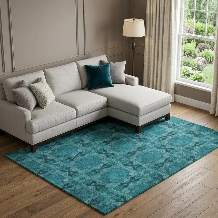 Teal And Gray Floral Medallion Washable Area Rug With UV Protection Photo 1