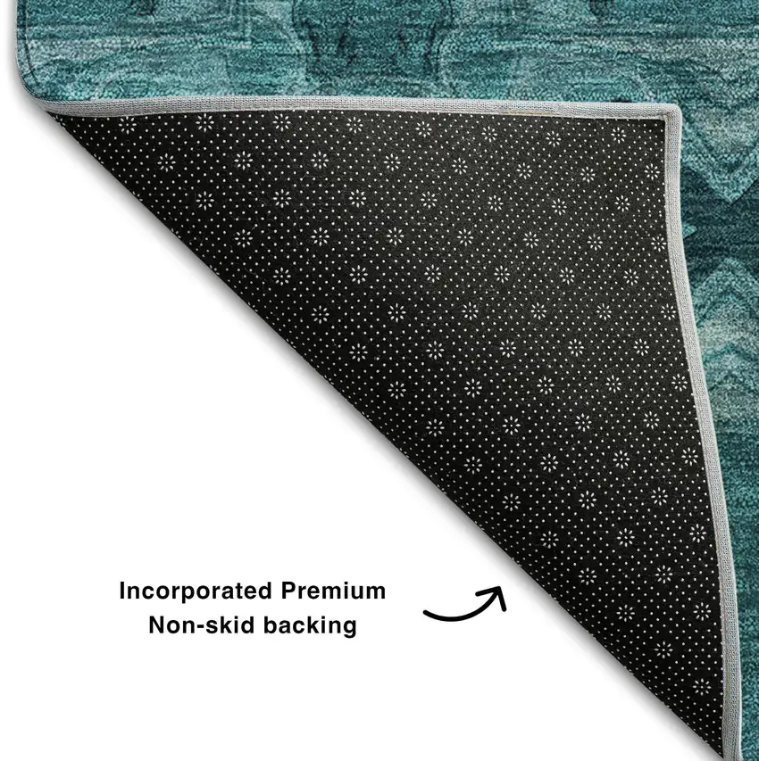 Teal And Gray Floral Medallion Washable Area Rug With UV Protection Photo 7