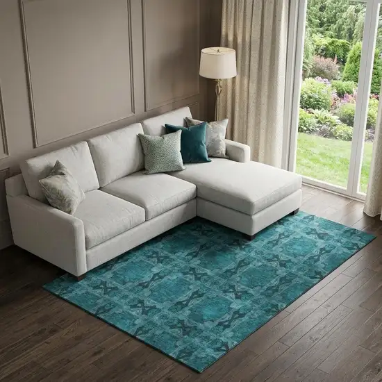 Teal And Gray Floral Medallion Washable Area Rug With UV Protection Photo 1
