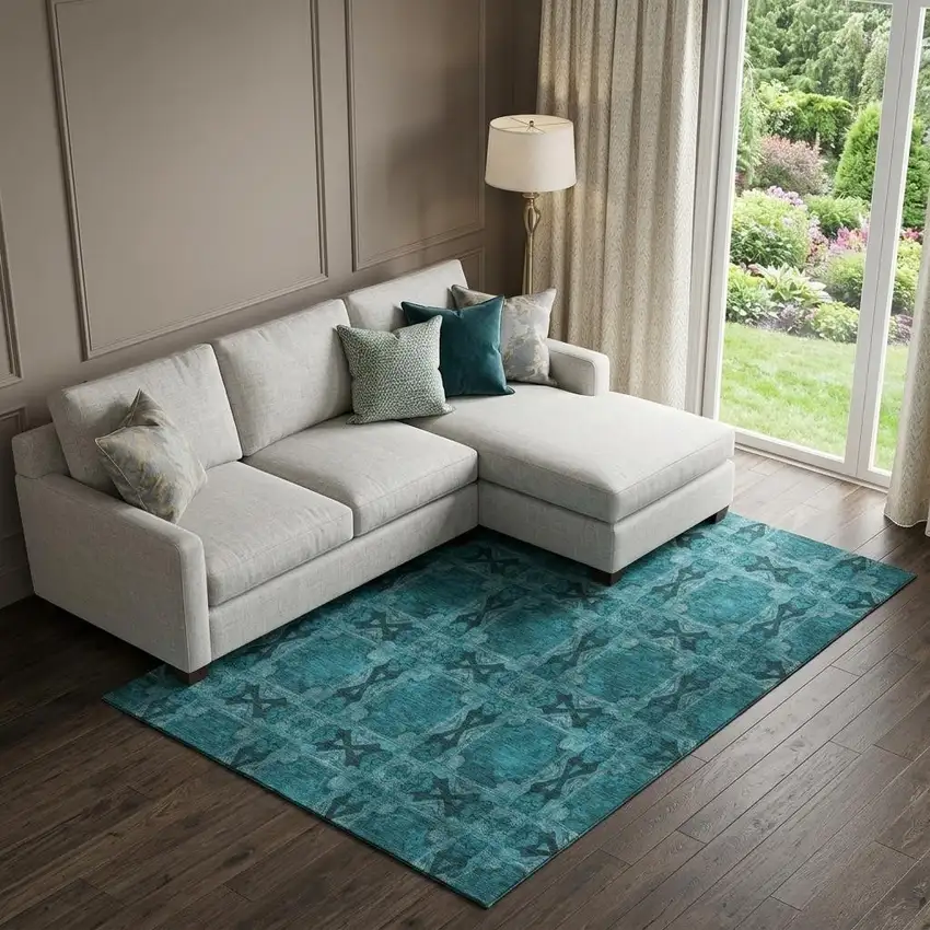 Teal And Gray Floral Medallion Washable Area Rug With UV Protection Photo 1