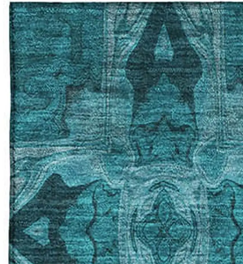 Teal And Gray Floral Medallion Washable Area Rug With UV Protection Photo 3