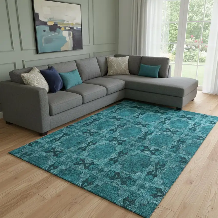 Teal And Gray Floral Medallion Washable Area Rug With UV Protection Photo 1