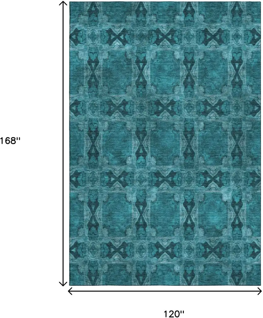 Teal And Gray Floral Medallion Washable Area Rug With UV Protection Photo 3