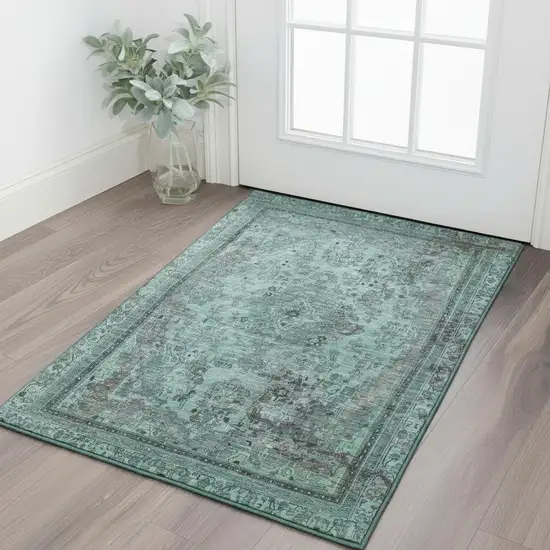 Teal And Gray Floral Medallion Washable Area Rug With UV Protection Photo 2