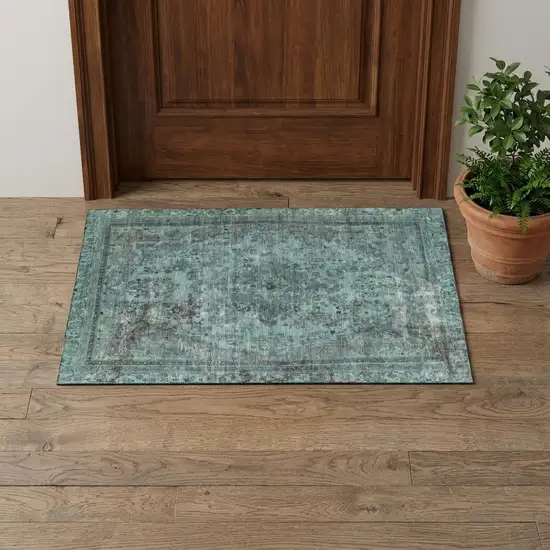 Teal And Gray Floral Medallion Washable Area Rug With UV Protection Photo 1