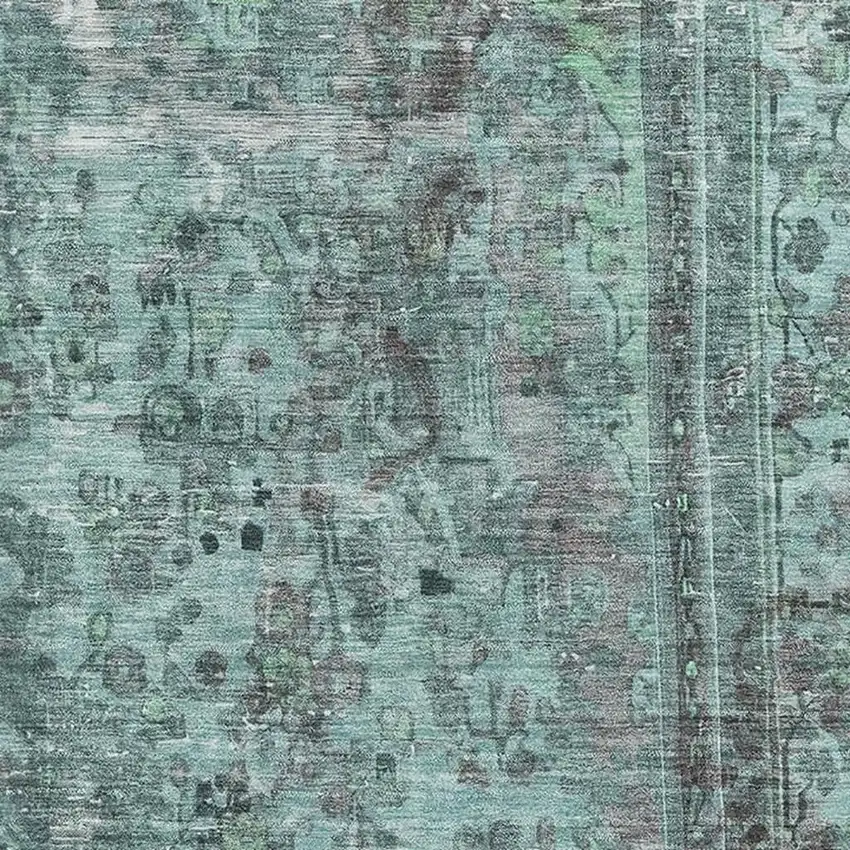 Teal And Gray Floral Medallion Washable Area Rug With UV Protection Photo 2