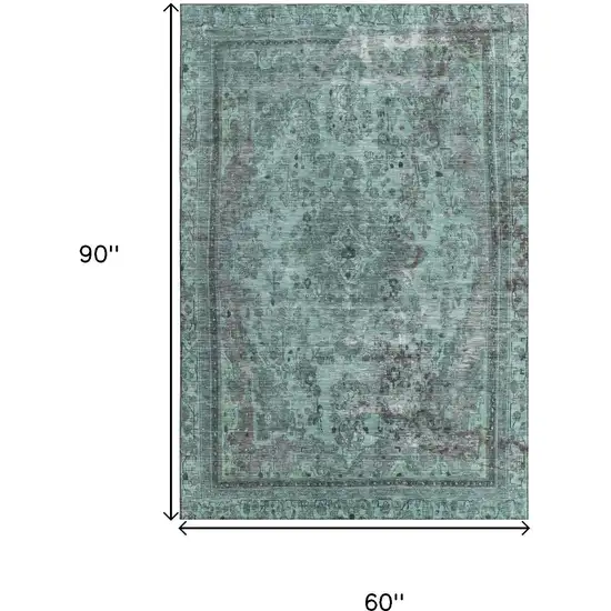 Teal And Gray Floral Medallion Washable Area Rug With UV Protection Photo 6