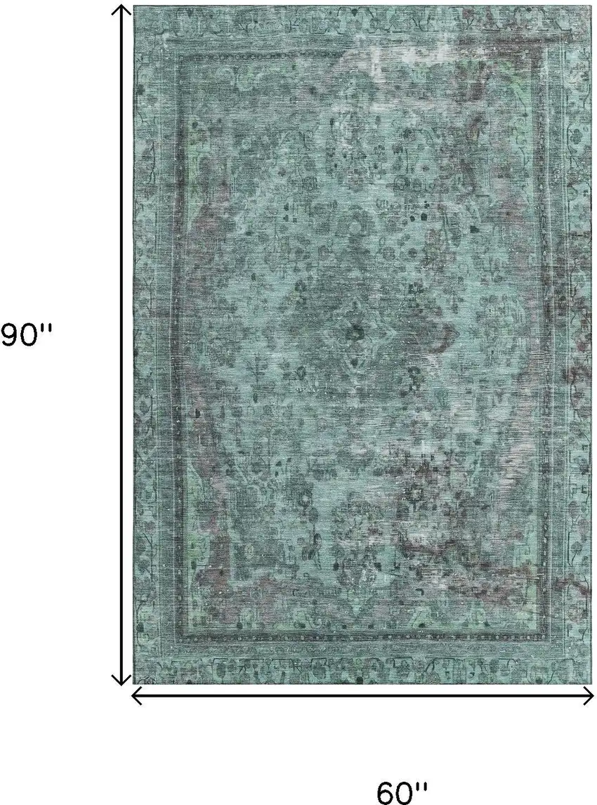 Teal And Gray Floral Medallion Washable Area Rug With UV Protection Photo 6