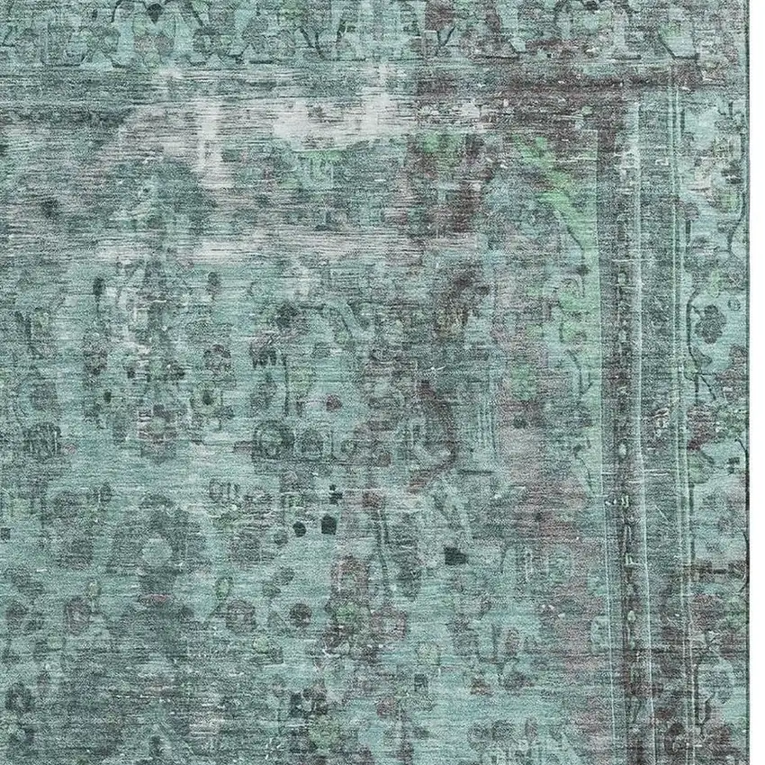 Teal And Gray Floral Medallion Washable Area Rug With UV Protection Photo 3