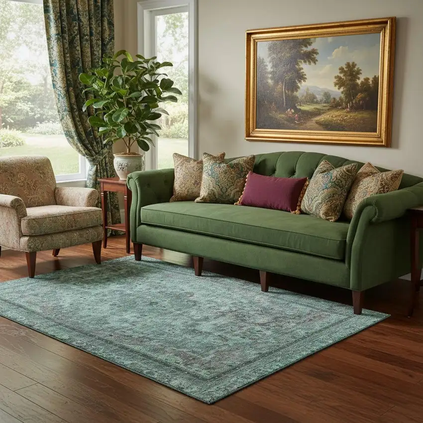 Teal And Gray Floral Medallion Washable Area Rug With UV Protection Photo 2