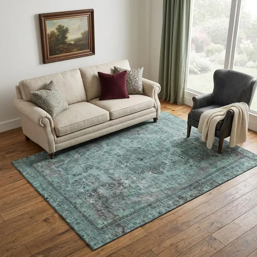 Teal And Gray Floral Medallion Washable Area Rug With UV Protection Photo 1
