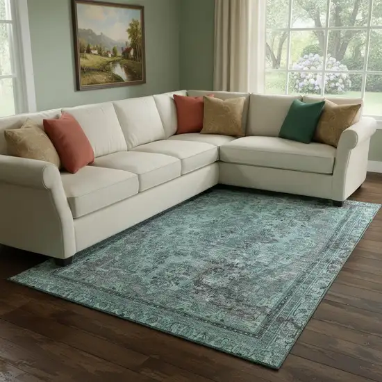 Teal And Gray Floral Medallion Washable Area Rug With UV Protection Photo 2