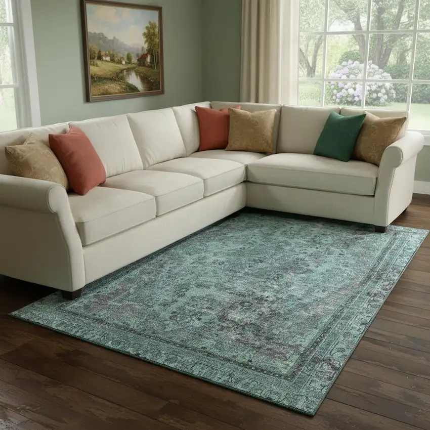 Teal And Gray Floral Medallion Washable Area Rug With UV Protection Photo 2