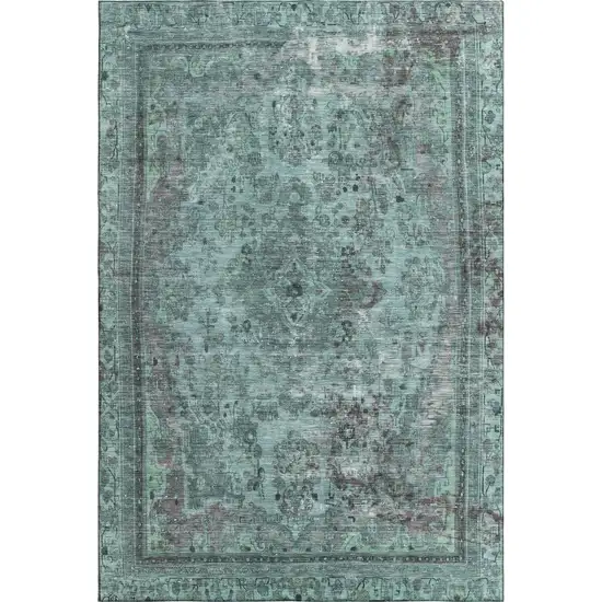 Teal And Gray Floral Medallion Washable Area Rug With UV Protection Photo 1