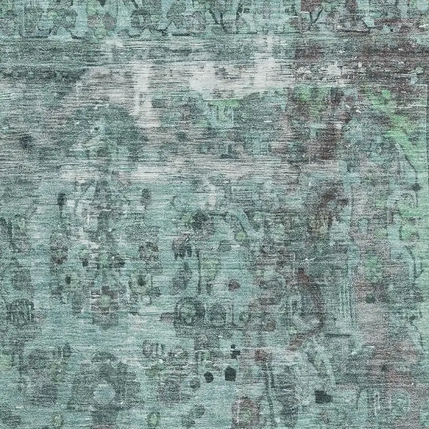 Teal And Gray Floral Medallion Washable Area Rug With UV Protection Photo 2