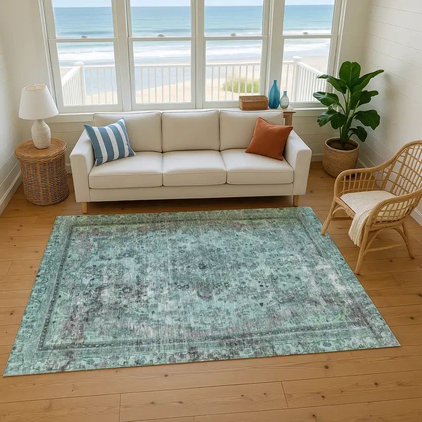 Teal And Gray Floral Medallion Washable Area Rug With UV Protection Photo 5