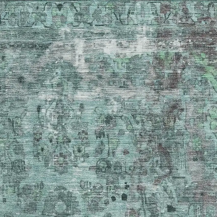 Teal And Gray Floral Medallion Washable Area Rug With UV Protection Photo 2