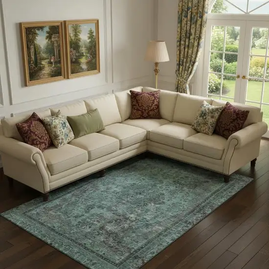 Teal And Gray Floral Medallion Washable Area Rug With UV Protection Photo 2