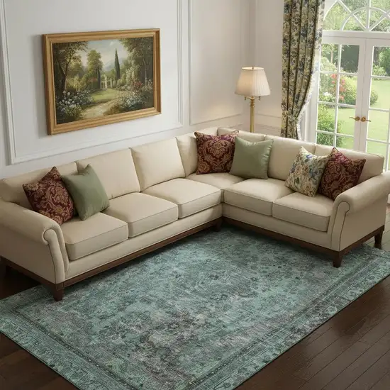 Teal And Gray Floral Medallion Washable Area Rug With UV Protection Photo 2