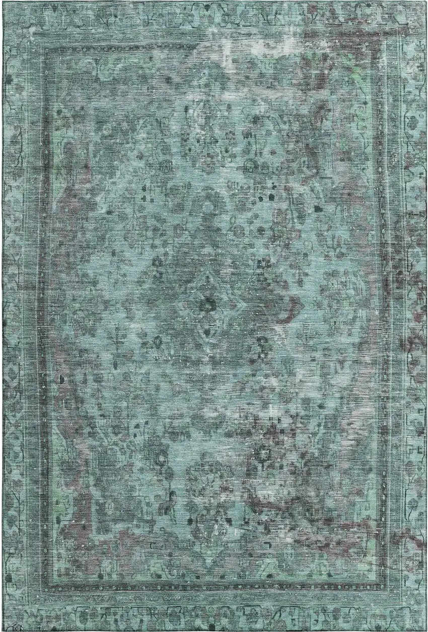 Teal And Gray Floral Medallion Washable Area Rug With UV Protection Photo 1