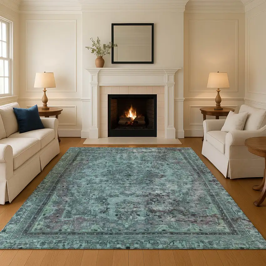 Teal And Gray Floral Medallion Washable Area Rug With UV Protection Photo 4