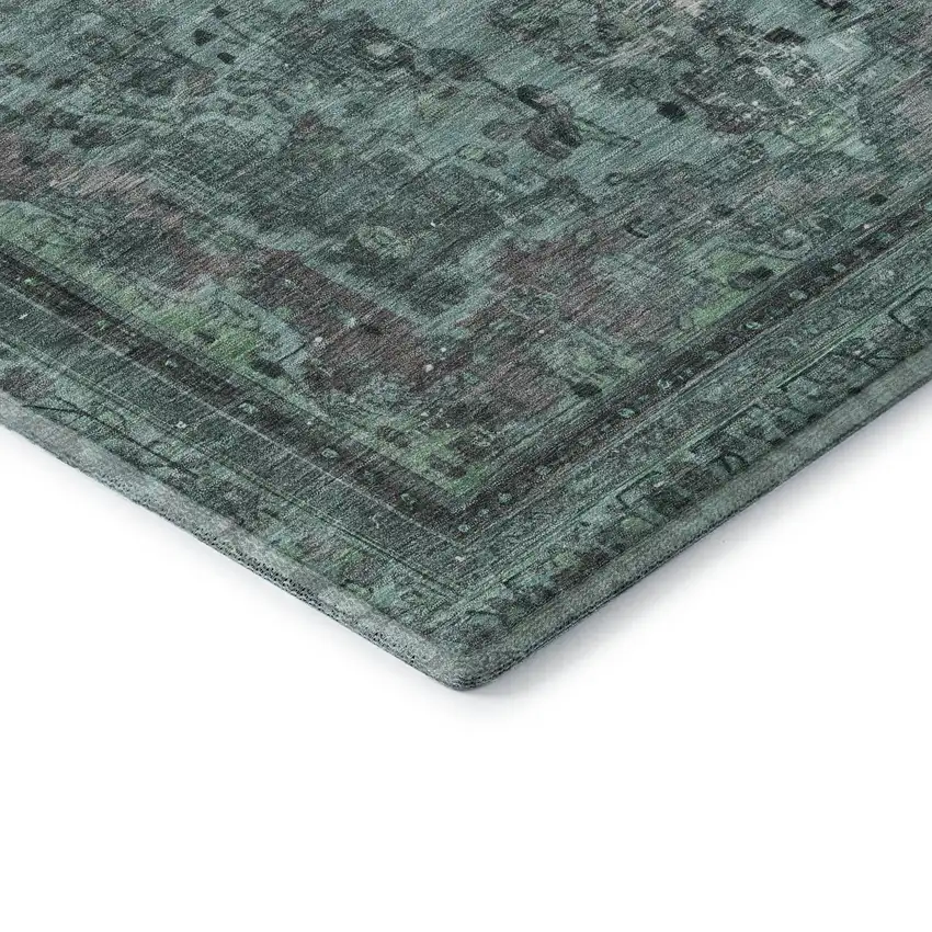 Teal And Gray Floral Medallion Washable Area Rug With UV Protection Photo 7