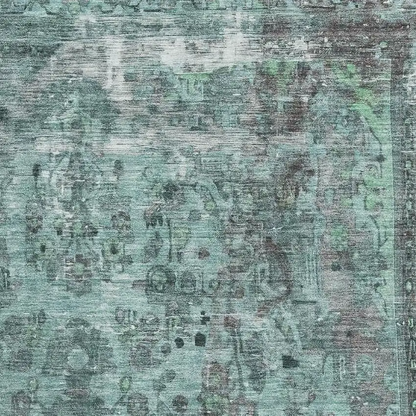 Teal And Gray Floral Medallion Washable Area Rug With UV Protection Photo 2