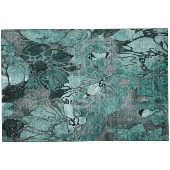 Teal And Gray Abstract Distressed Washable Area Rug With UV Protection Photo 2