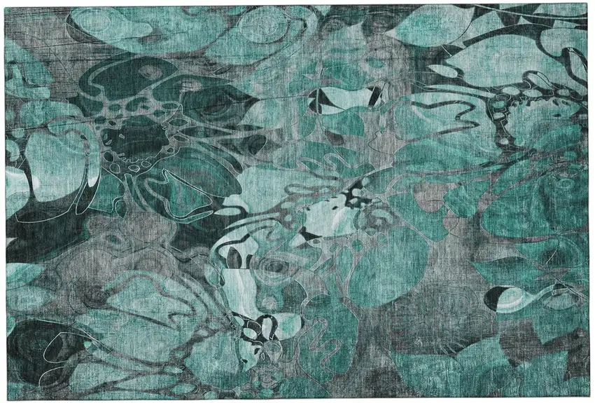 Teal And Gray Abstract Distressed Washable Area Rug With UV Protection Photo 2