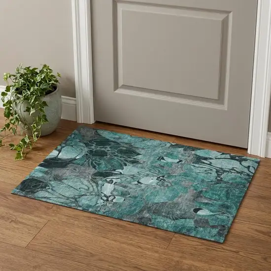 Teal And Gray Abstract Distressed Washable Area Rug With UV Protection Photo 1