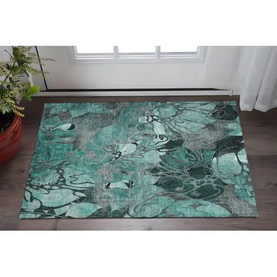 Teal And Gray Floral Washable Area Rug With UV Protection Photo 2
