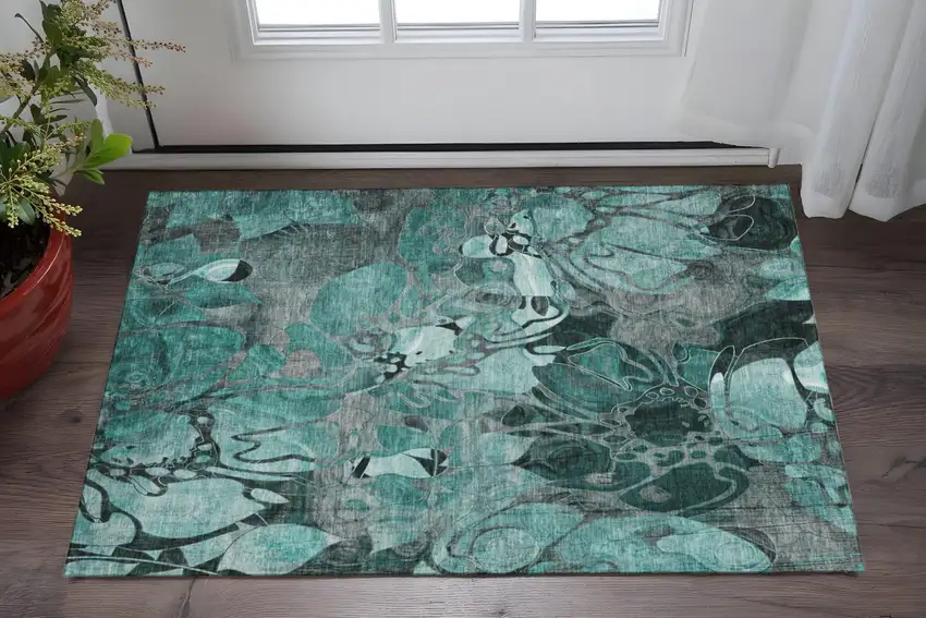 Teal And Gray Floral Washable Area Rug With UV Protection Photo 2