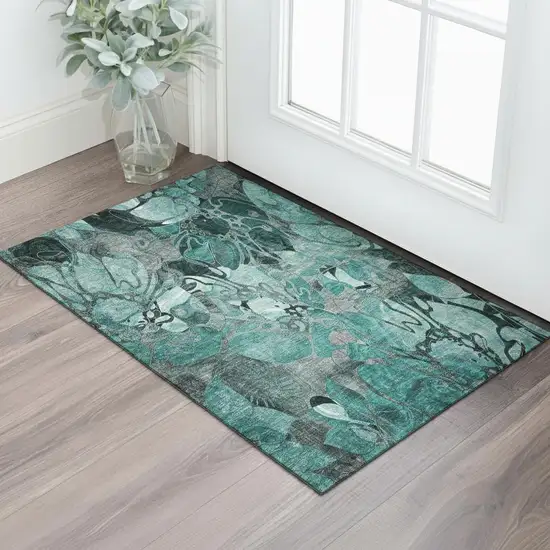 Teal And Gray Floral Washable Area Rug With UV Protection Photo 1